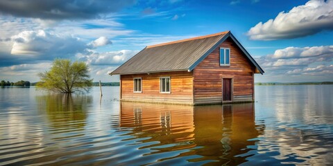 Obraz premium Wooden house partially submerged in floodwater, flood, water, wooden, house, submerged, disaster, damage