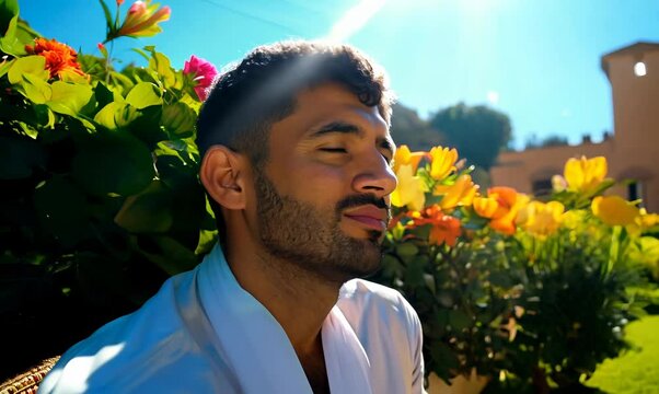 Moroccan Man Relaxing in Serene Garden with Traditional Attire