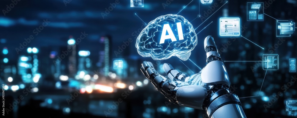 Poster robotic hand holding ai brain with futuristic cityscape background symbolizing advanced artificial i