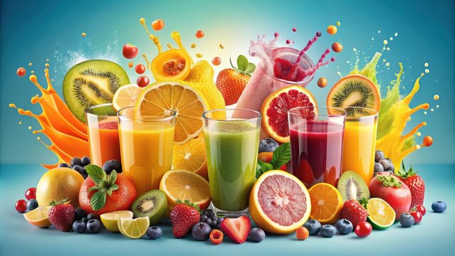 Colorful multi-vitamin fruit juice splash explosion on background, fruit, juice, splash, explosion, colorful, vitamin