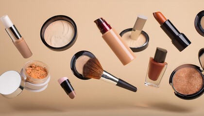 Naklejka premium Flying decorative cosmetics on beige background 