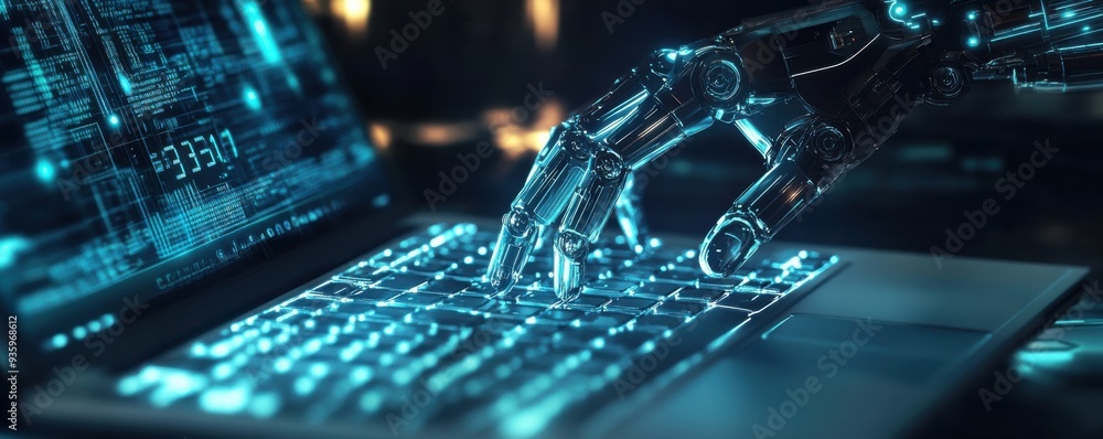 Poster futuristic robotic hand engaging with a laptop keyboard, symbolizing advanced technology in artifici