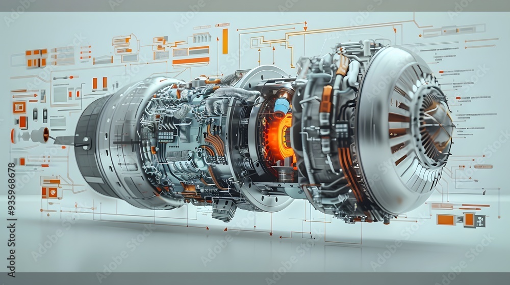 Poster a complex 3d render of a jet engine, with exploded views of the internal components, highlighting en