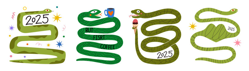 Fototapeta premium Vector abstract illustration set with green tree wood snakes and coffee, heart, ice cream and doodle elements. 2025 new year celebration poster, greeting card template.