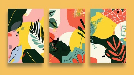 A set of modern abstract covers with minimal geometric shapes in a vibrant color palette