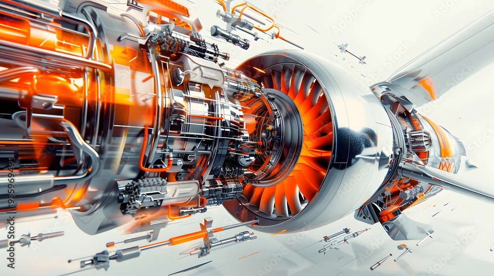 Poster a complex 3d render of a jet engine, with exploded views of the internal components, highlighting en