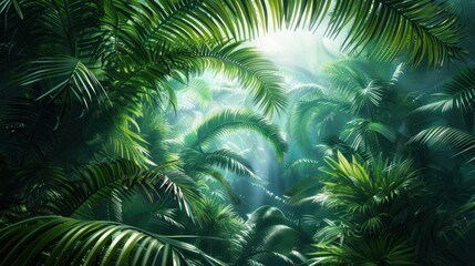 A leafy green forest with a large fern in the middle