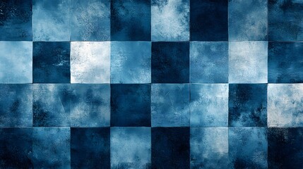Fototapeta premium checkered pattern, blue tones, varying shades of blue, light and dark squares, textured background, vintage paper effect, grunge texture, geometric design.