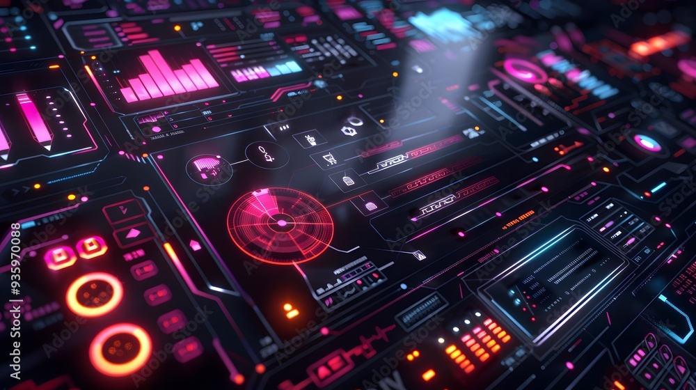 Aufkleber a dark mode ui/ux software blueprint displayed on a high-tech digital board, with glowing neon eleme