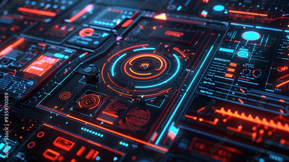 Aufkleber a dark mode ui/ux software blueprint displayed on a high-tech digital board, with glowing neon eleme