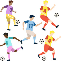 Soccer boys players kicking ball characters set, flat cartoon vector illustration isolated on white background. Soccer or football game players collection.
