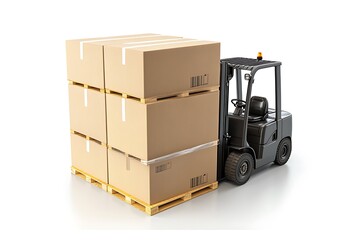 Cardboard boxes on pallet shipping forklift on werehouse on white background.