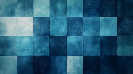 Fototapeta premium checkered pattern, blue tones, varying shades of blue, light and dark squares, textured background, vintage paper effect, grunge texture, geometric design.