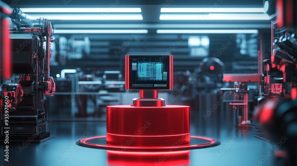 Poster futuristic robotic lab with a glowing central monitor. the scene features high-tech machinery and vi