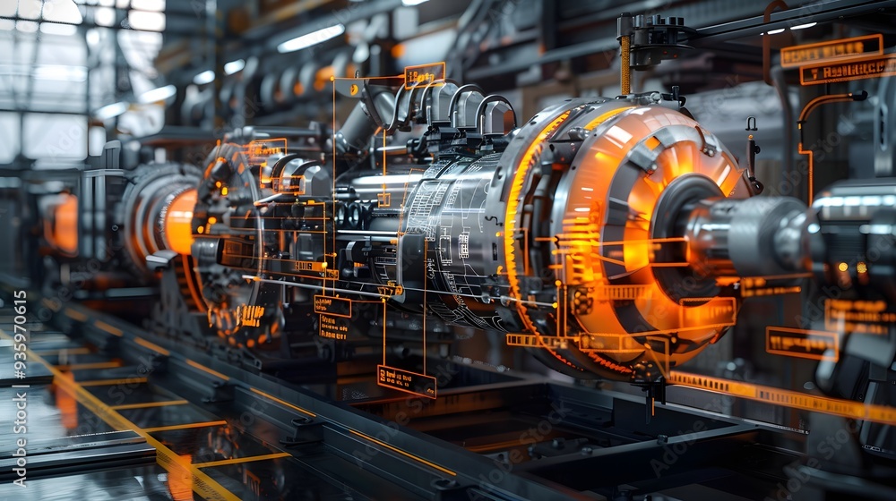 Poster a highly detailed 3d render of heavy industrial machinery, with each part labeled and floating annot
