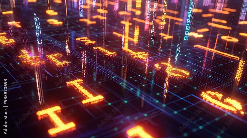 Poster 3d financial network with glowing, interconnected currency symbols in a global pattern. -
