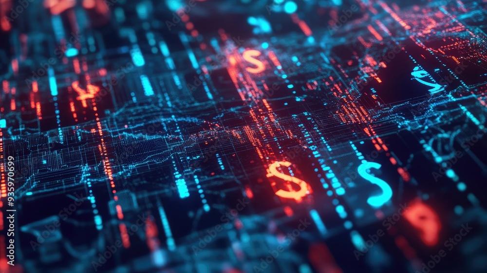 Poster 3d financial network with glowing, interconnected currency symbols in a global pattern. -