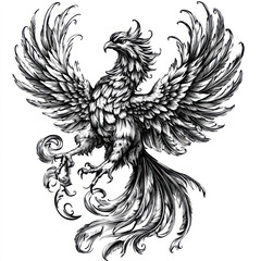 Fototapeta premium Black and white Vintage engraved art of a phoenix with outstretched wings, isolated on white background, ink sketch illustration, simple vector art design, highly detailed line art