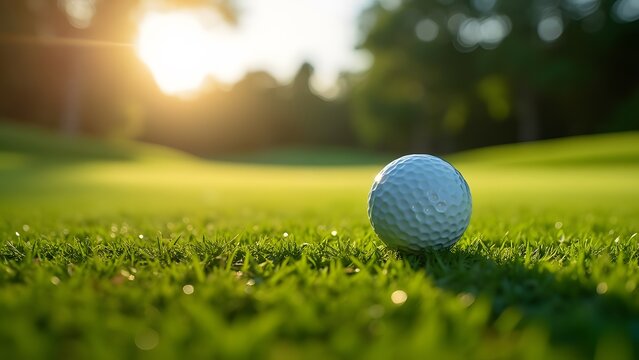 Tranquil Golf Course Sunset with Golf Ball on Fairway