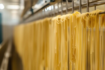 Pasta drying in a high tech drying chamber. The image captures the modern industrial process of pasta production, highlighting the efficiency and technology involved in large scale food manufacturing
