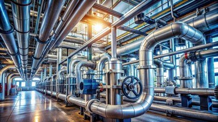 Industrial steel pipelines, valves, cables and walkways in a factory setting , industrial, steel, pipelines