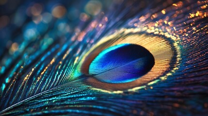 Fototapeta premium Peacock Feather Close-up with Bokeh Lights