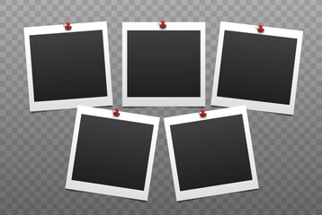 Five realistic blank attached square photo frames on dark transparent background. Vector template illustration