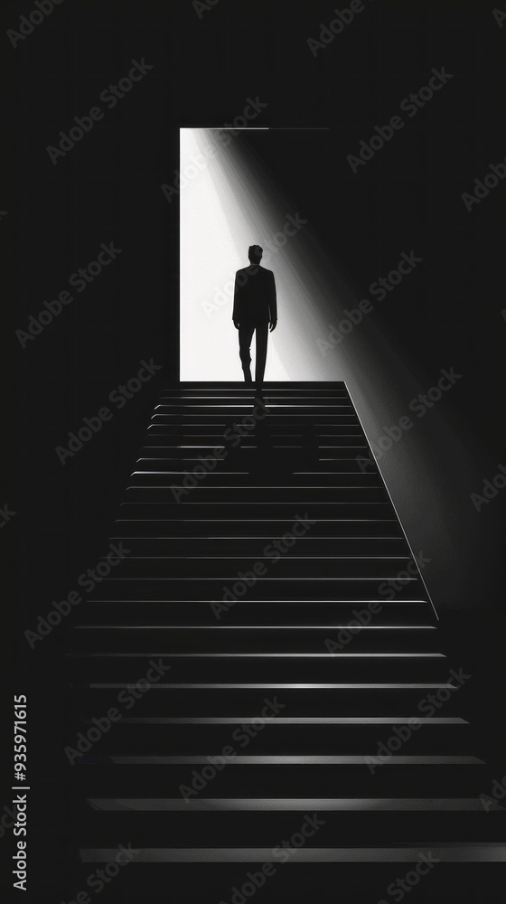 Poster A man climbs a set of stairs that leads to an open door, illuminated by a bright light. The shadows create an intriguing atmosphere as he moves forward
