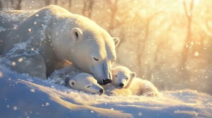 Fototapeta premium Polar Bear Family Napping in a Winter Wonderland