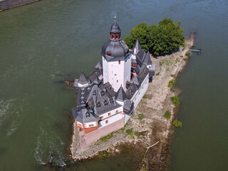 Drone view at Pfalzgrafenstein water fort on river Rhine at Kaub in Germany