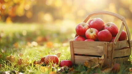 Wooden Basket With Red Apples On Grass In Sunny Garden - Autumn And Harvest with generative ai