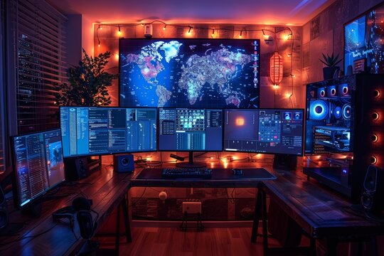Lots of monitors in the room on the table. Generative AI