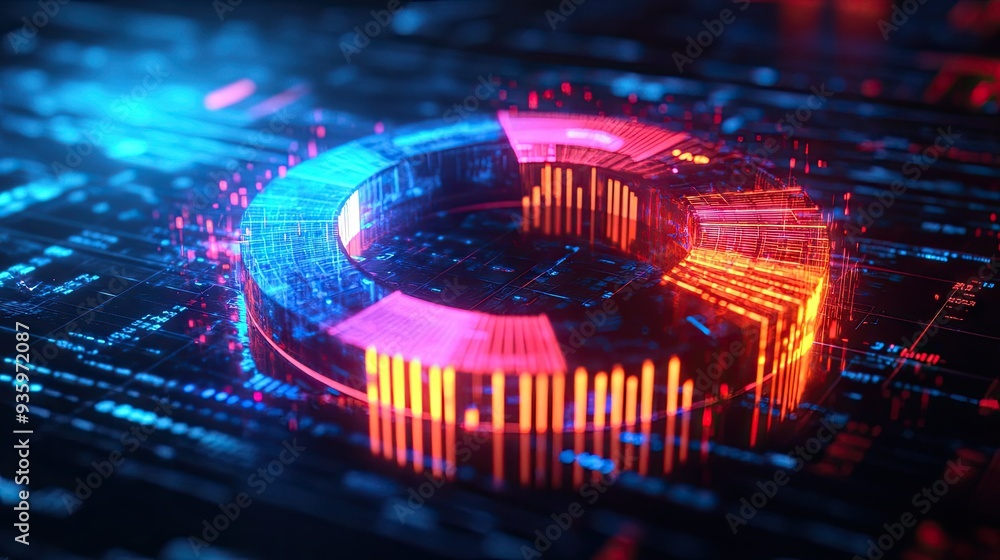 Poster 3d pie chart with radiant, glowing segments representing financial data on a dark background.
