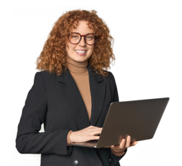 Young Caucasian redhead businesswoman with laptop happy
