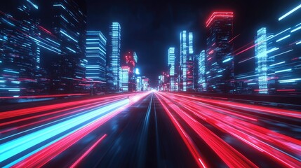 Obraz premium 3d rendering cityscape with red and light blue light trail on road. Concept city, downtown district, town at night with bright neon light.