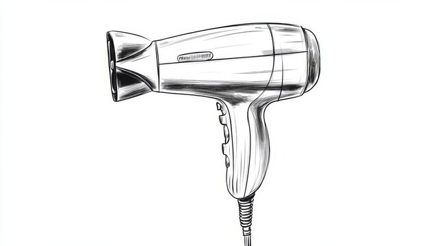 recommend clip art: Sketch of a hair dryer isolated on a white background, rendered in black outline doodle style, ideal for hairdressing salon and barbershop tools illustrations