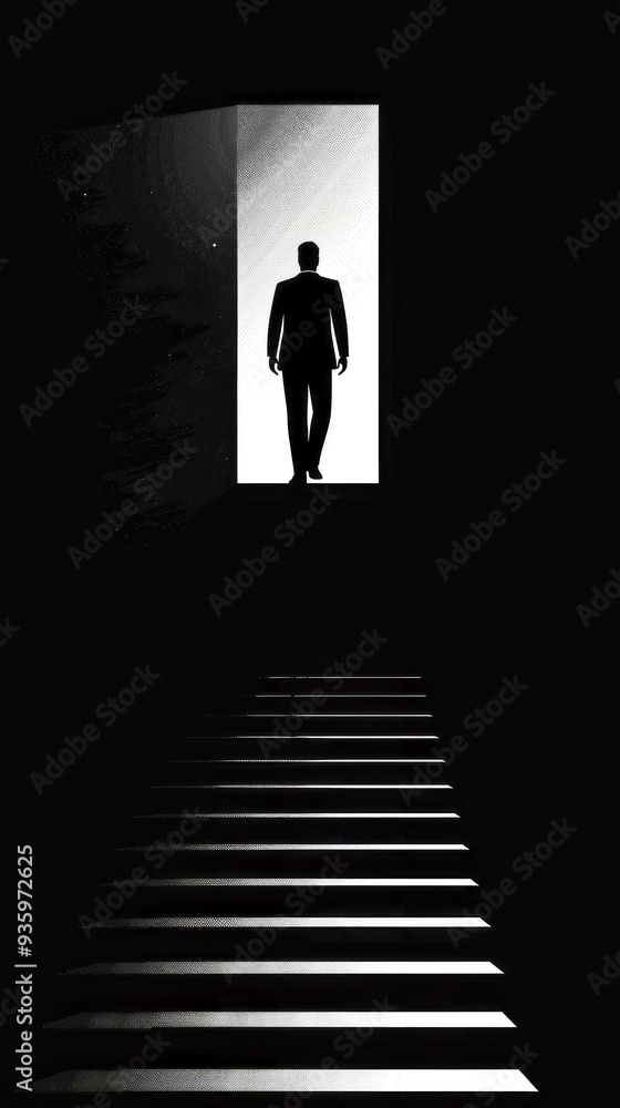 Poster the silhouette of a man climbs up a dimly lit staircase, approaching an open door that shines bright