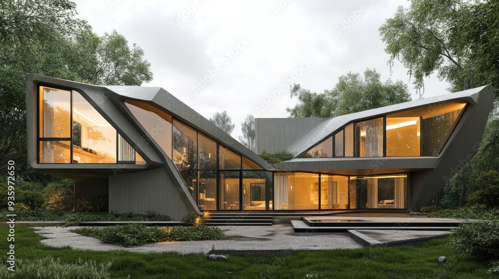 Poster 3d rendering of a contemporary house with unique geometric shapes and large windows.