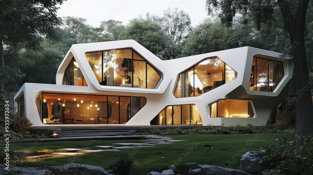 Poster 3d rendering of a contemporary house with unique geometric shapes and large windows.