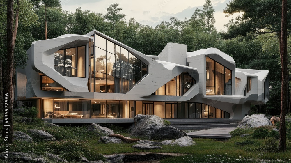 Poster 3d rendering of a contemporary house with unique geometric shapes and large windows.