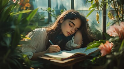 A dark-haired woman relaxes in a sunlit greenhouse, writing in a notebook among vibrant plants.