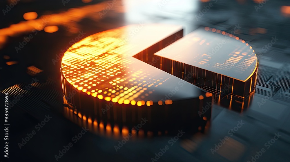 Poster 3d rendering of a financial pie chart with luminous, glowing segments and a radiant effect.
