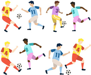 Soccer players kicking ball characters set with boys, flat cartoon vector illustration isolated on white background. Soccer or football game players collection.