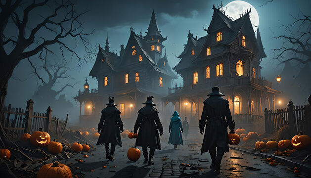 halloween scene with twin castle 