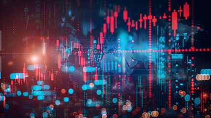 Obraz premium Double exposure of a global world map on a business financial stock market trading background.
