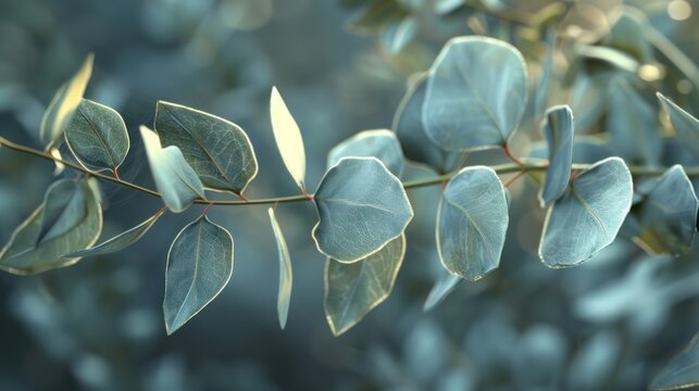 A photorealistic image of a eucalyptus leaf, with its distinctive silver-gray color and refreshing aroma - Powered by Adobe