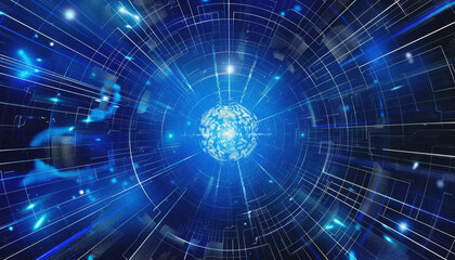 Fototapeta premium Abstract Blue Digital Lines in Virtual Technology Network. Cyber Data Background