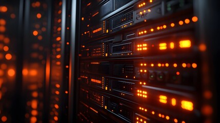 Fototapeta premium data center server rack, modern technology, soft orange lighting, glowing LEDs, sleek black servers, futuristic design, high-tech equipment, digital infrastructure.