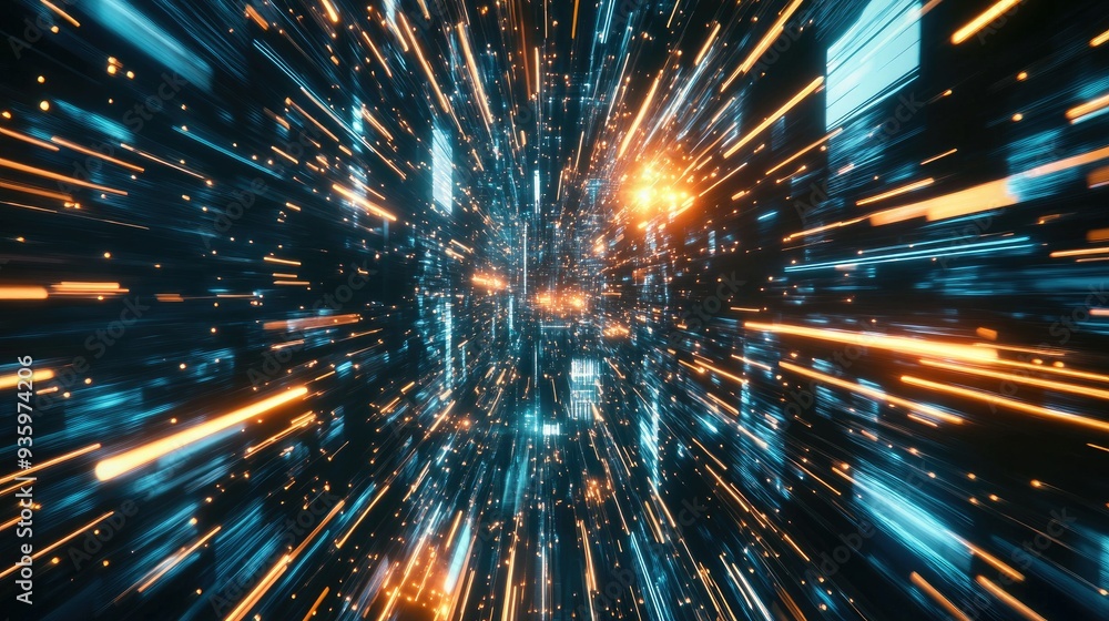 Poster 3d rendering of warp speed in hyper loop with blur light from buildings' lights in mega city at nigh