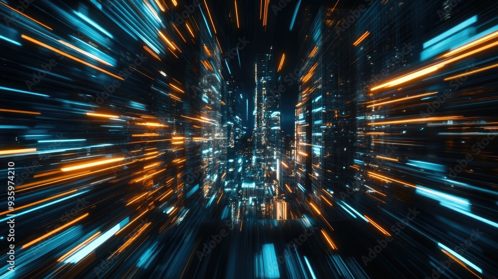 Poster 3d rendering of warp speed in hyper loop with blur light from buildings' lights in mega city at nigh